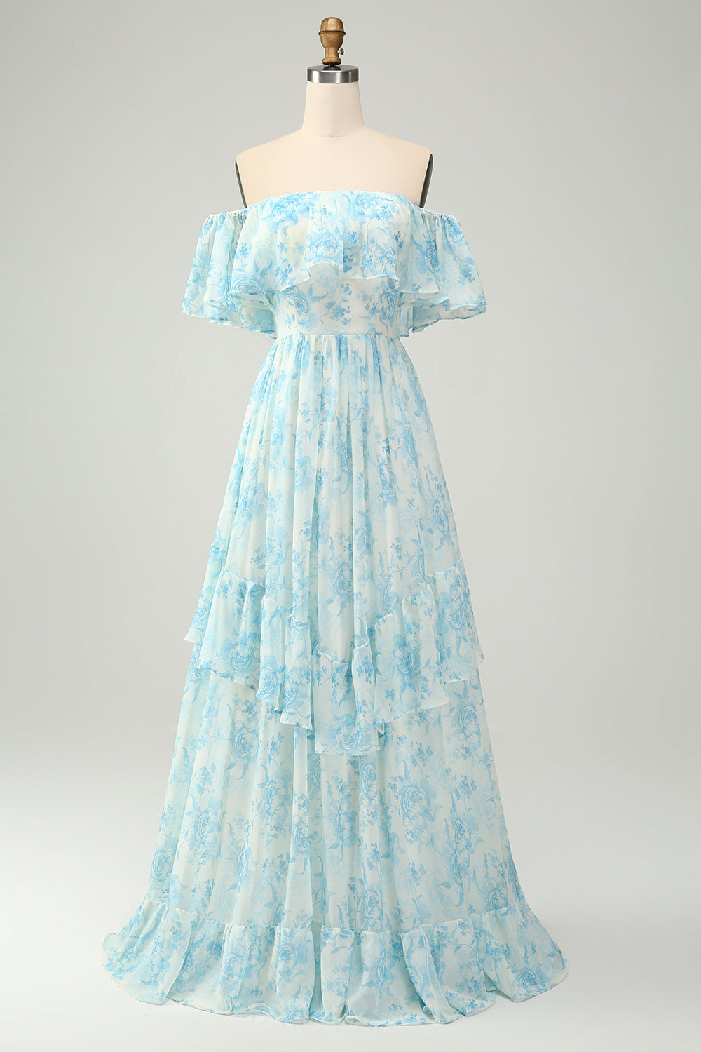 Luolandi A Line Off The Shoulder Tiered Blue Floral Maxi Dress Party Dresses